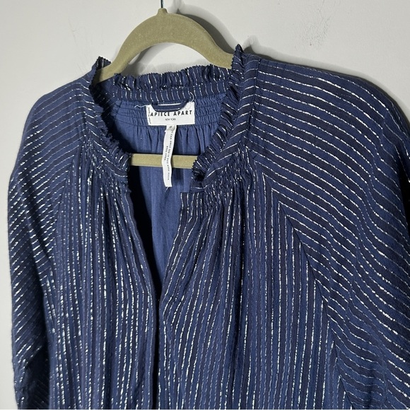 Apiece Apart Size XS Navy Laguna Mini Dress in Silver Lurex Pinstripes Preppy - Picture 10 of 15